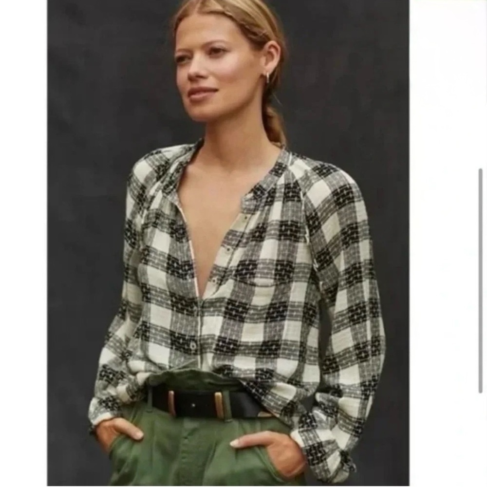 Anthropologie Pilcro Breezy White Black Plaid Button-Down Shirt